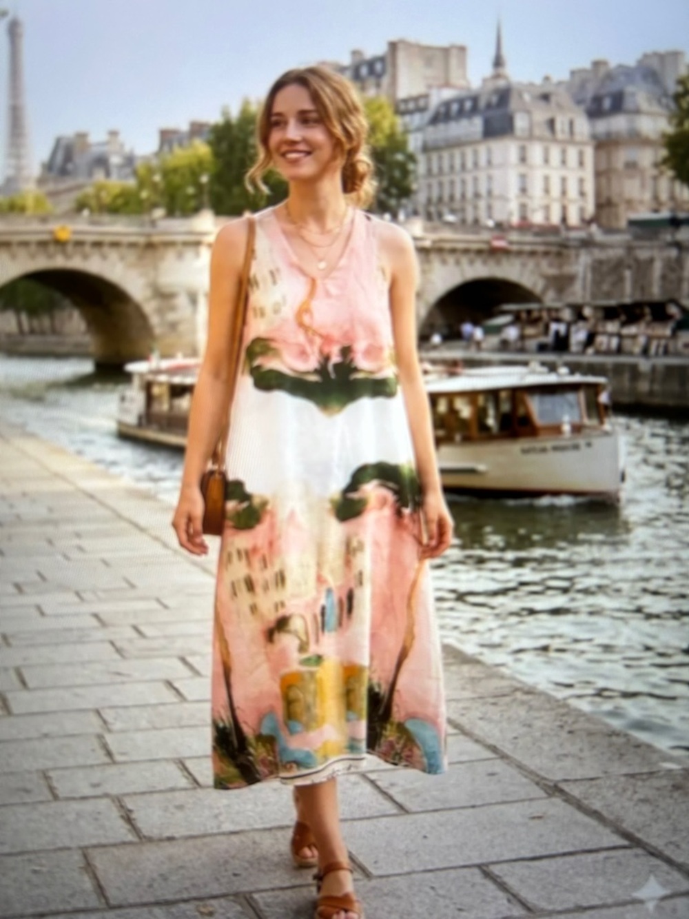 MADE IN ITALY Sleeveless Pink Print 100% Linen Midi Dress
